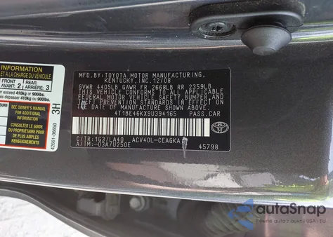 2009 Toyota Camry Xle из США, поврежденный, VIN 4T1BE46KX9U394165